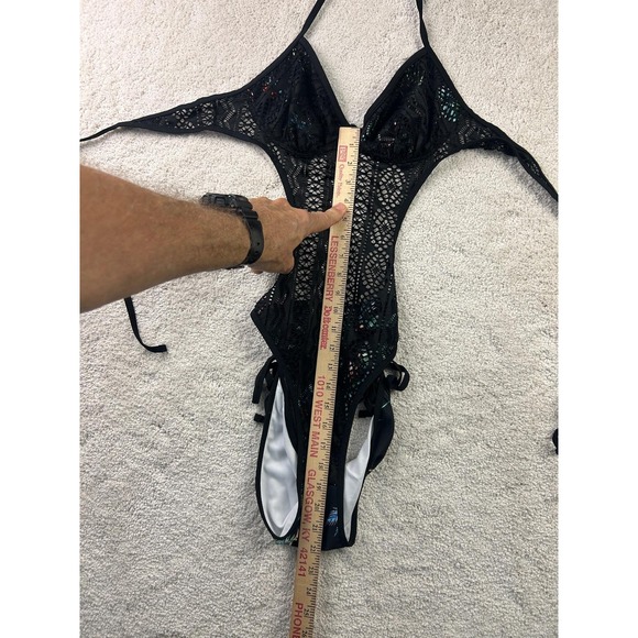 One Piece Swimsuit Womens Medium Lace Crochet Monokini Flamingo Print Tropical - Picture 4 of 9